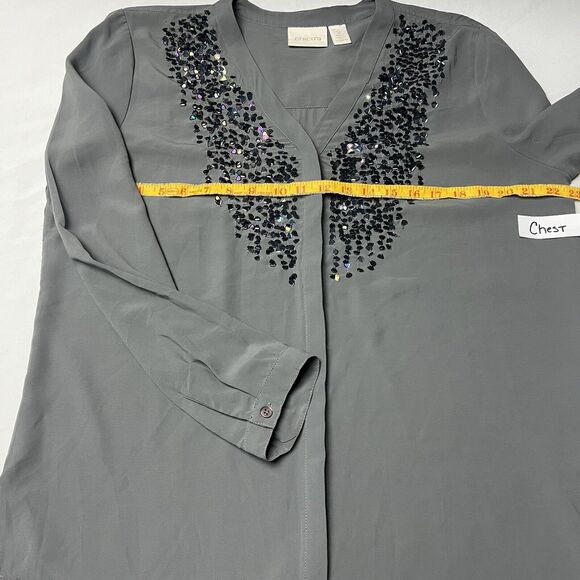 Chico's Womens Grey Sequin Shear Button‎ Down Career Top Size 2 Medium Holiday - Picture 6 of 10